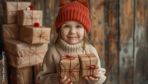 Girl Holding Wrapped Gifts In Red Hat