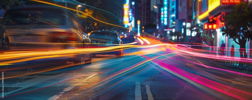 Fototapeta premium Long exposure captures the movement of light from a passing car, leaving colorful trails on the street