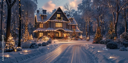 Snowy Suburban Home Decorated for Christmas