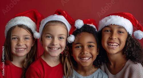 Smiling Children in Red Knit Hats