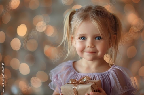 Little Girl Holding Gift With Festive Lights