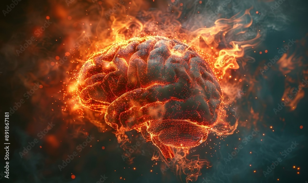 Side view of Brain on fire, exploding brain, disease concept like ...