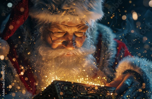 Santa Claus Opens A Gift Box With Magic