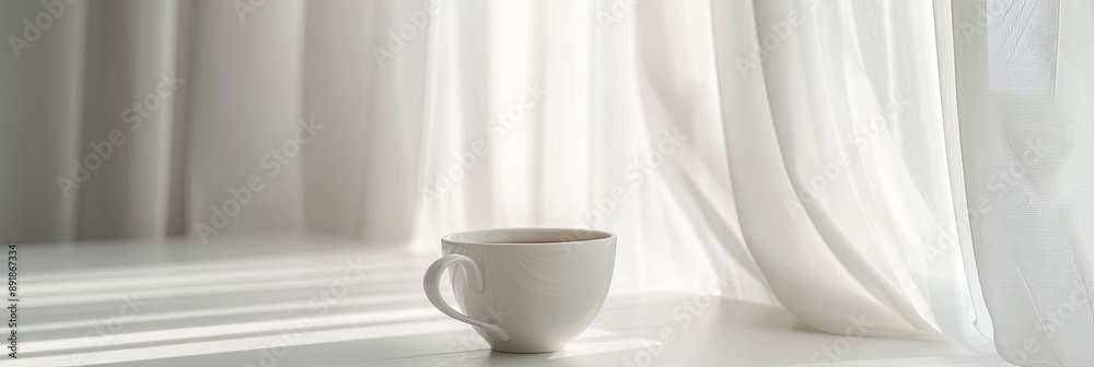 White Coffee Cup Stands on a White Table Near a Window With Sheer Curtains White Coffee Cup Stands on a White Table Near a Window With Sheer Curtains