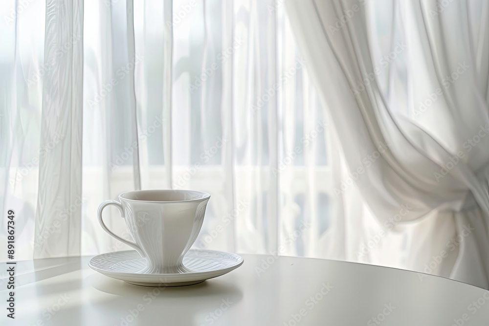 Elegant White Coffee Cup on a White Table Near Sheer Curtains Elegant White Coffee Cup on a White Table Near Sheer Curtains