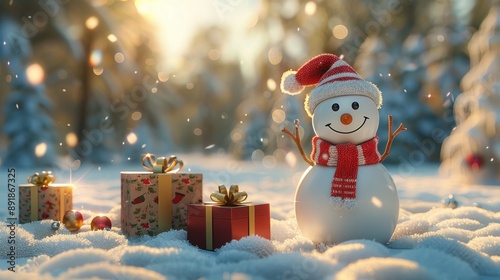 Snowman With Presents in Winter Forest