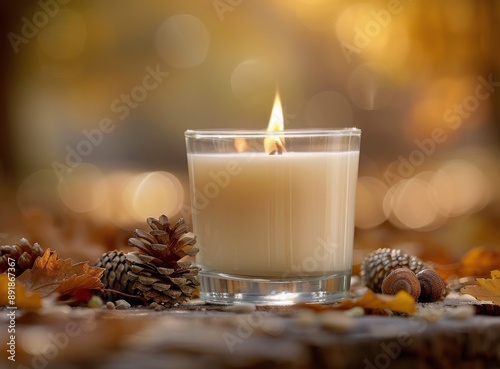 Candle Burning in Autumn Woods