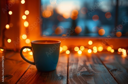 Candlelit Mug on Wooden Table