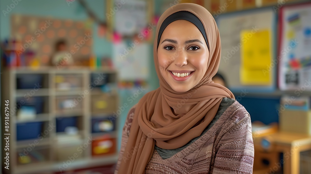 A female special education teacher with a hijab and casual clothes smiling in a classroom filled with special educational materials highlighting her love and dedication to inclusive A female special education teacher with a hijab and casual clothes smiling in a classroom filled with special educational materials highlighting her love and dedication to inclusive