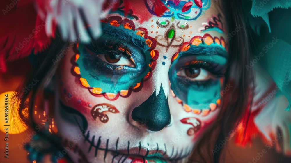 Sugar skull makeup with the Mexican flag. Spooky and colorful look for Halloween or Day of the Dead. Sugar skull makeup with the Mexican flag. Spooky and colorful look for Halloween or Day of the Dead.