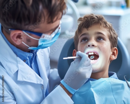 Dentist repairing a childs tooth in a dentist clinic