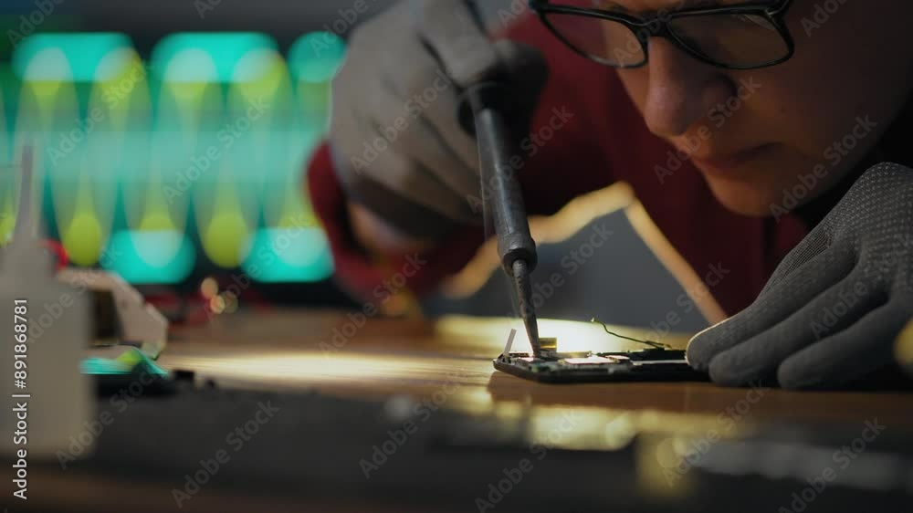 Hardware. Repair technician equipped with tools for tin bonding process in electronic circuit board workshop. White worker soldering circuit elements uses advanced diagnostic equipment, tool Hardware. Repair technician equipped with tools for tin bonding process in electronic circuit board workshop. White worker soldering circuit elements uses advanced diagnostic equipment, tool