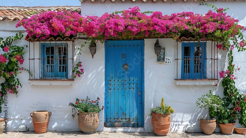   Blue door, surrounded by potted plants, in front of white stucco building with blue windows and shutters © Shanti