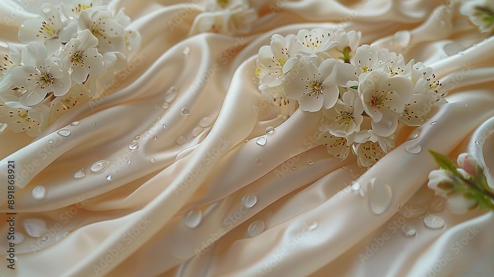 A bouquet of white flowers sits atop a white satin-covered tablecloth, dotted with water droplets A bouquet of white flowers sits atop a white satin-covered tablecloth, dotted with water droplets