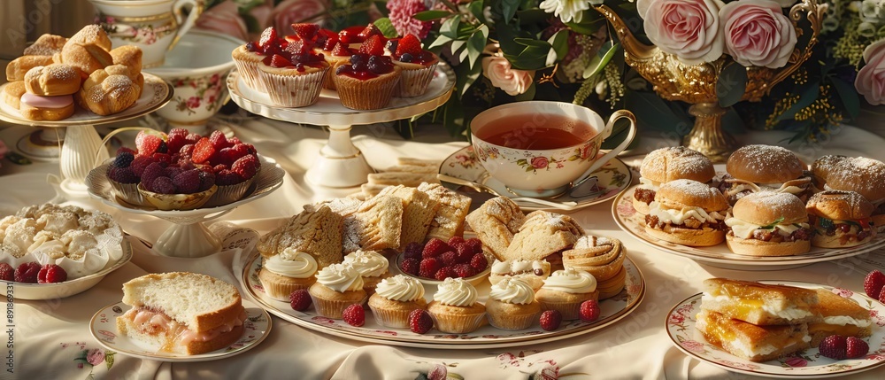 Afternoon tea spread with finger sandwiches, scones, and pastries Afternoon tea spread with finger sandwiches, scones, and pastries