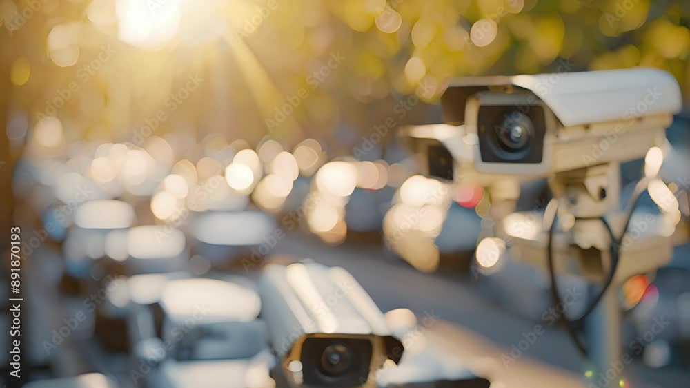 A group of outdoor security cameras lining a parking lot utilizing the suns energy to monitor and safeguard the area. A group of outdoor security cameras lining a parking lot utilizing the suns energy to monitor and safeguard the area.