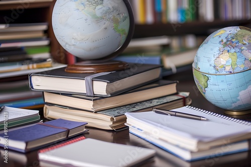 A stack of political science books and political notebooks, with a globe and political maps on a political analyst's desk.