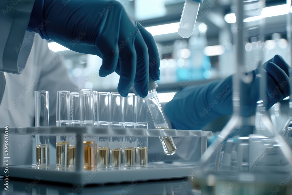Scientist holding test tubes for test and view of Laboratory equipment microscope Scientist holding test tubes for test and view of Laboratory equipment microscope