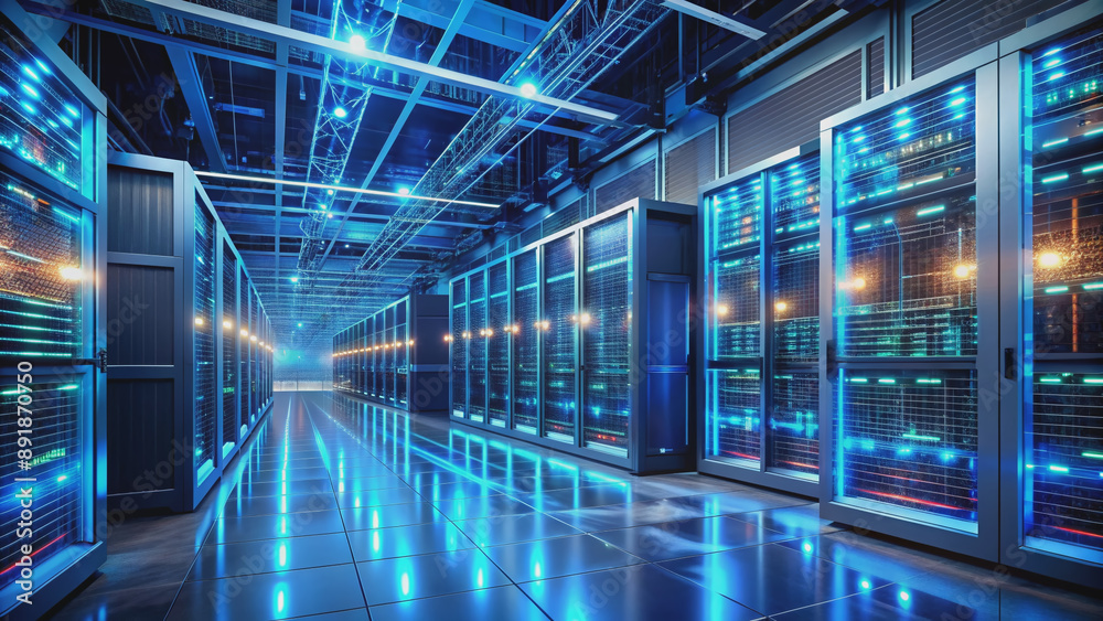 Sleek, modern data center with glowing blue servers and wires, surrounded by futuristic holographic displays and neon lights, depicting advanced data processing and analysis. Sleek, modern data center with glowing blue servers and wires, surrounded by futuristic holographic displays and neon lights, depicting advanced data processing and analysis.