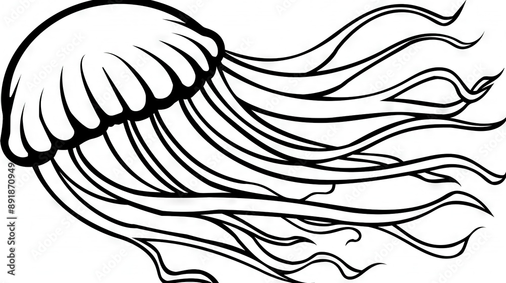   A monochromatic depiction of a jellyfish featuring elongated and undulating black-and-white stripes