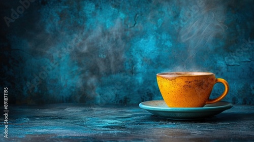  A steaming cup of coffee on a saucer placed on another saucer stacked atop a third saucer, all resting on a table