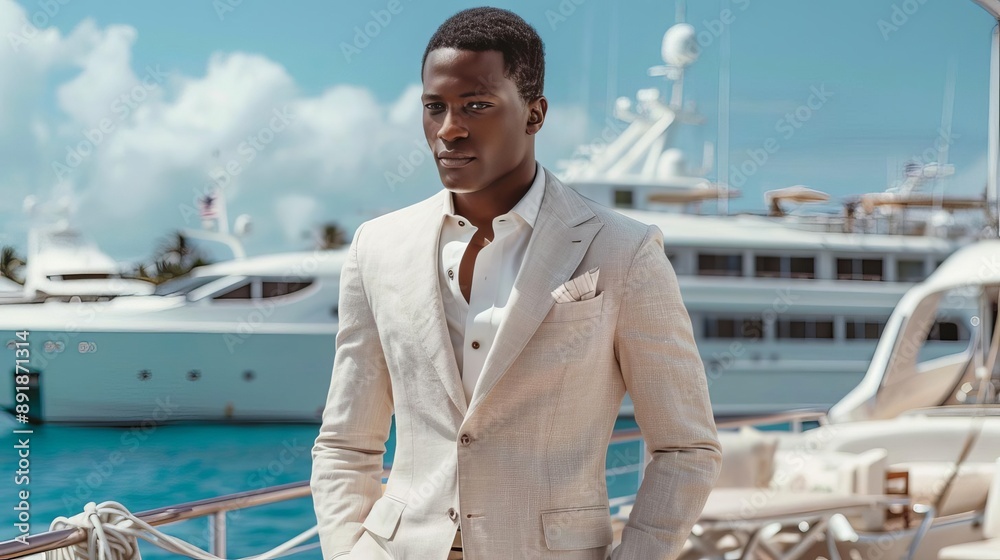 Linen suit on model at yacht club, ocean backdrop Linen suit on model at yacht club, ocean backdrop