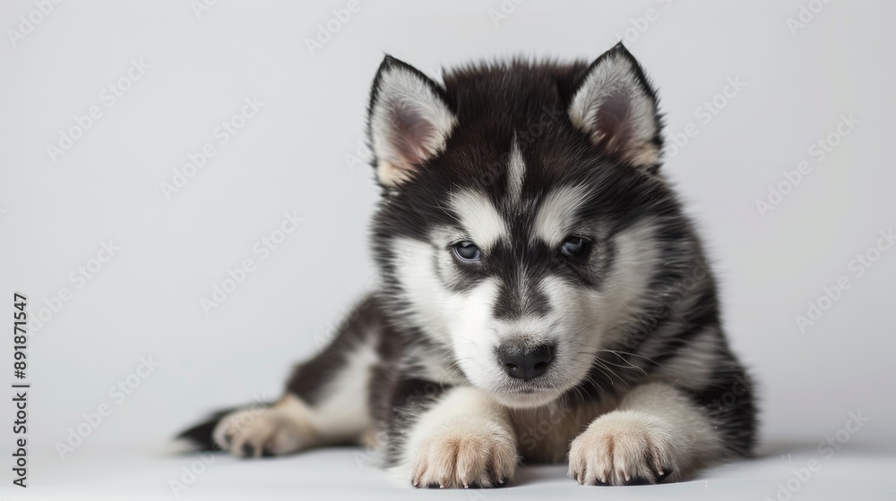 Malamute puppy posing in white space conveys love and care Malamute puppy posing in white space conveys love and care