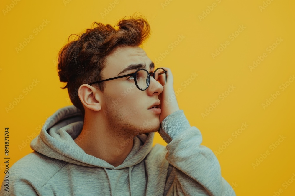 Portrait of young man in glasses looking thoughtful against yellow background. Casual and modern style. Suitable for articles, blogs, or advertisements. Generative AI Portrait of young man in glasses looking thoughtful against yellow background. Casual and modern style. Suitable for articles, blogs, or advertisements. Generative AI