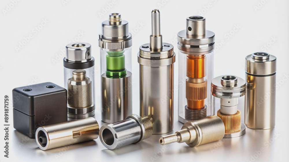 Close-up of various e-cigarette device components, including batteries, coils, and tanks, arranged in steps on a white background, illustrating assembly process. Close-up of various e-cigarette device components, including batteries, coils, and tanks, arranged in steps on a white background, illustrating assembly process.