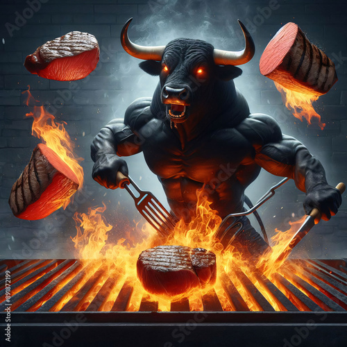 Expert chef bull character cooking and grilling delicious beef meat slices on barbeque (BBQ) grill on high fire flames. Funny eid ul adha concept, cool bull cow having a (BBQ) barbecue on eid al adha. photo