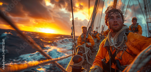  ship crew on a sailing boat leaving harbour, a wide ocean horizon, highly motivated and happy crew