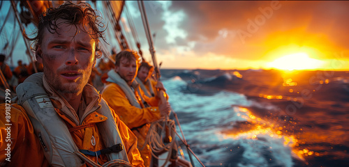  ship crew on a sailing boat leaving harbour, a wide ocean horizon, highly motivated and happy crew