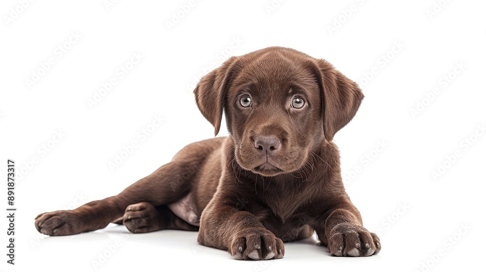 Chocolate Labrador puppy 20 week old posed against white background