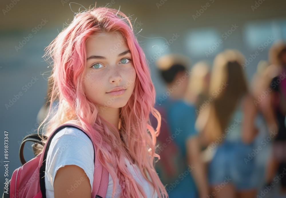 Fototapeta premium Teenage Girl With Pink Hair At School