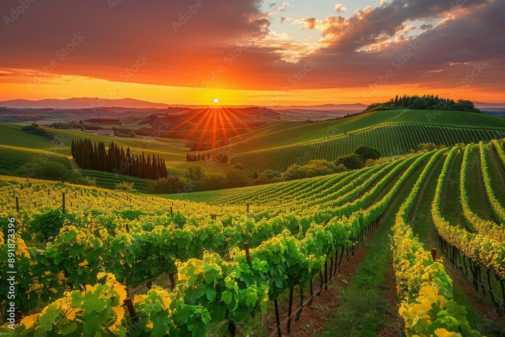 Fototapeta premium A Vineyard on a hill at sunset vineyard outdoors nature. 