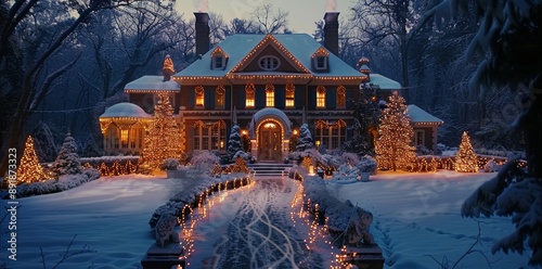 Snowy Suburban Home Decorated For Christmas