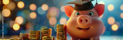 Piggy Bank With Graduation Cap and Coins