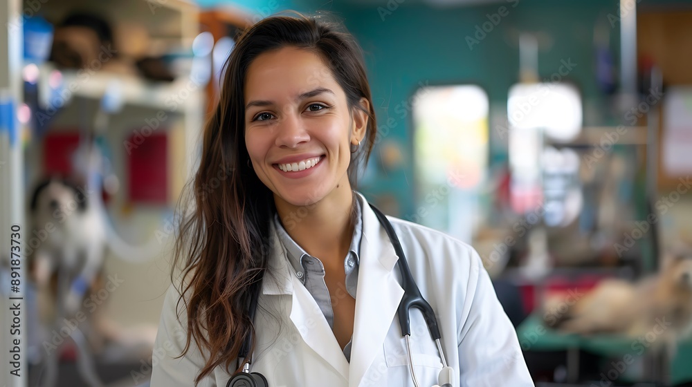 Smiling female veterinarian in a white coat captured from the waist up in a veterinary clinic with animal patients, representing dedication and compassionate care for animals in a professional setting Smiling female veterinarian in a white coat captured from the waist up in a veterinary clinic with animal patients, representing dedication and compassionate care for animals in a professional setting