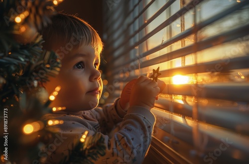 Child Decorating Christmas Tree at Sunset
