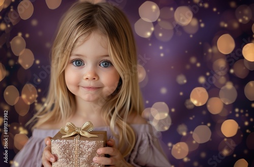 Girl Holding Gift in Front of Lights