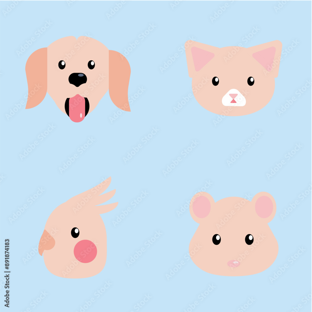Cute vector pets, dog cat hamster bird, pastel color Cute vector pets, dog cat hamster bird, pastel color