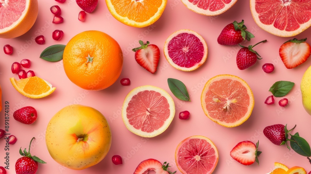Top view of assorted fresh fruits on pink background Top view of assorted fresh fruits on pink background