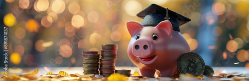 Piggy Bank With Graduation Cap and Coins