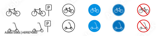 Bicycle parking, electric scooter parking or ban icon set. No scooter, sign of permission or prohibition of parking for bicycles, scooters vector eps10