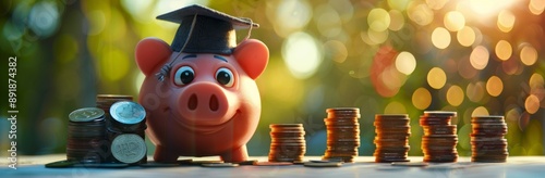 Piggy Bank With Graduation Cap and Coins