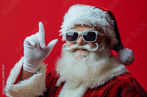 Santa Claus in Sunglasses Gesturing on Red Background
