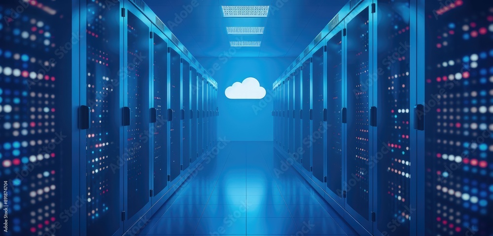 Digital Cloud Computing Icons and Server Racks Illustrating Software Solutions Concept. Digital Cloud Computing Icons and Server Racks Illustrating Software Solutions Concept.