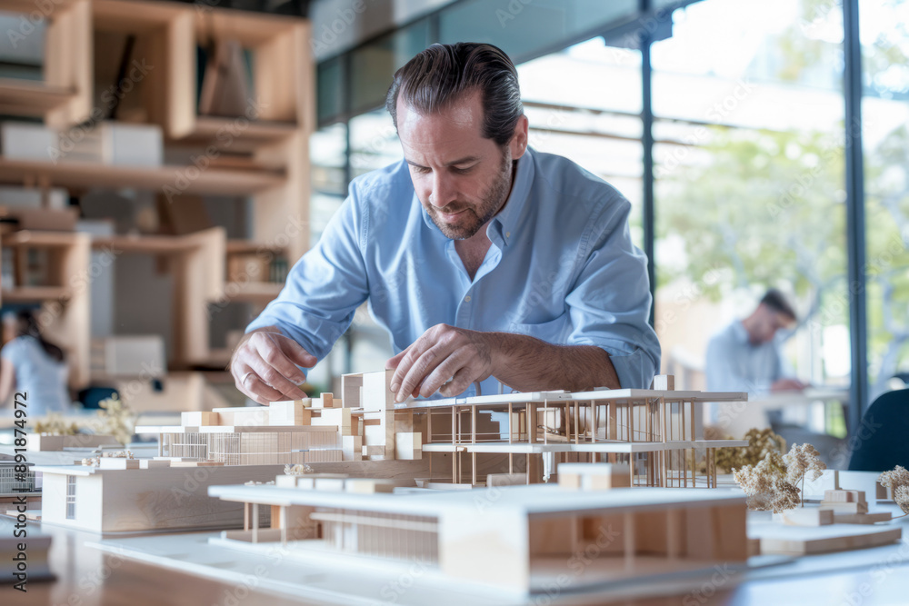 Focused Architect Working on a Detailed Scale Model in Modern Office Focused Architect Working on a Detailed Scale Model in Modern Office