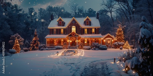 Snowy Suburban Home Decorated For Christmas