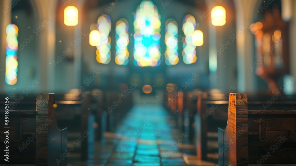 Blurred background of an empty church interior with stained glass windows and pews.